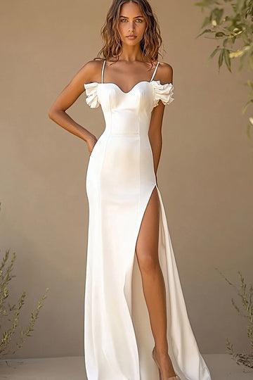 White Mermaid Cold Shoulder Ruffles Satin Long Bridal Dress with Slit